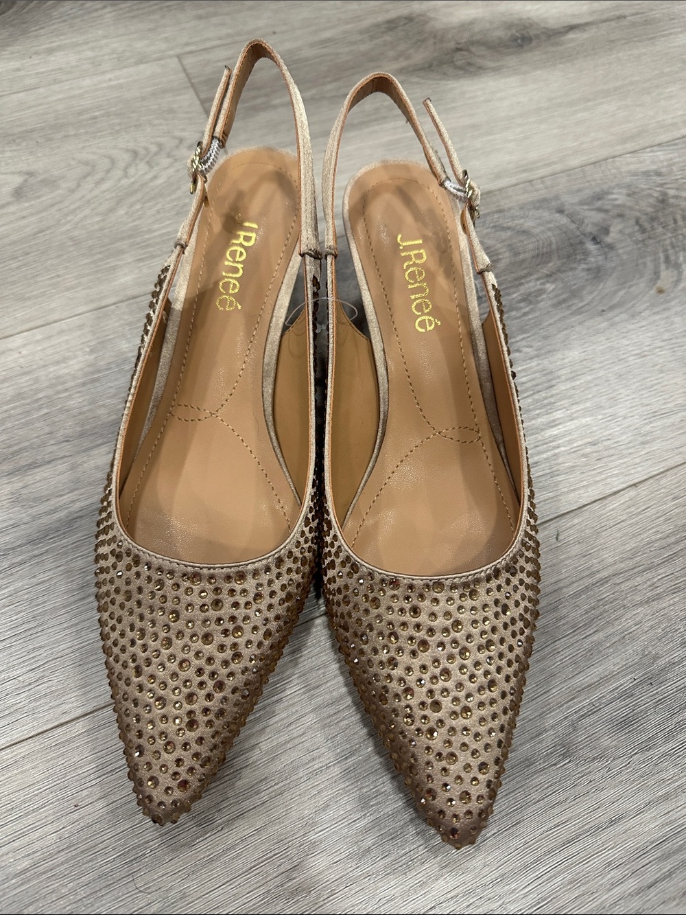 J.Renee Beige Crystal-Embellished Pointed Slingback Flats